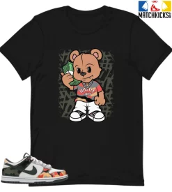 T-Shirt - Nike Dunk Low SE GS Sail Multi-Camo - Sneaker-Matching T-Shirt (HUSTLE HARD BEAR)